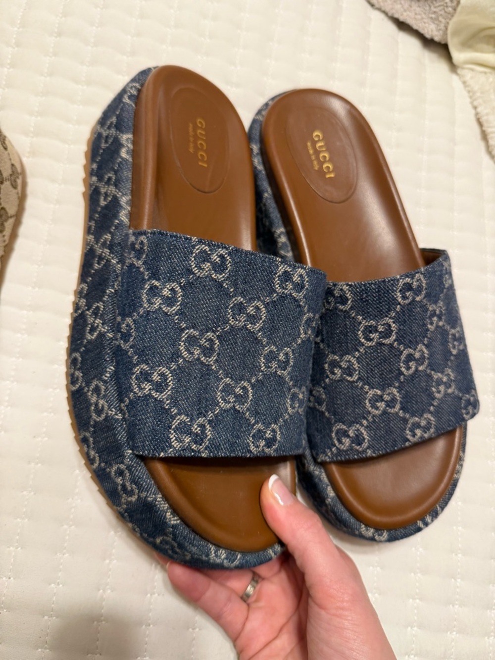 Gucci Denim GG Cross-Band Slide Sandals in Blue and Brown - Picture 2 of 3